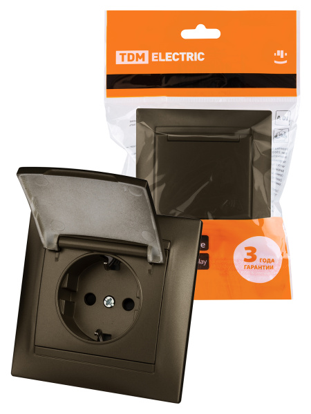 TDM Розетка 2П+З 16А 250В IP44 с защ. шт. с крышкой бронза "Лама" SQ1815-0714