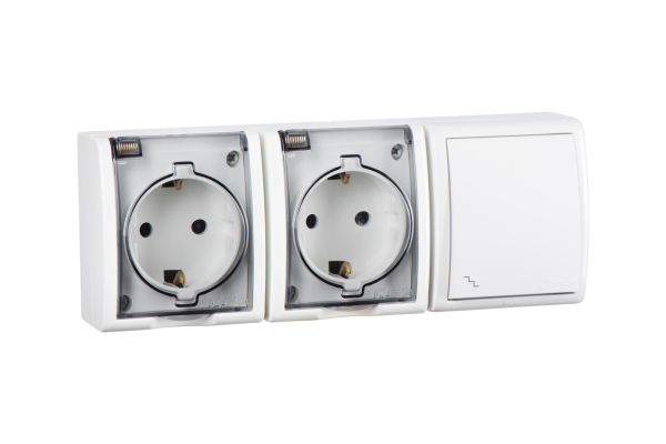 Купить Simon 15 Aqua Белый Блок: Розетка 2-ая, 2P+E Schuko 16А 250В + выключатель проходной 10А 250В, IP54 1594526-030