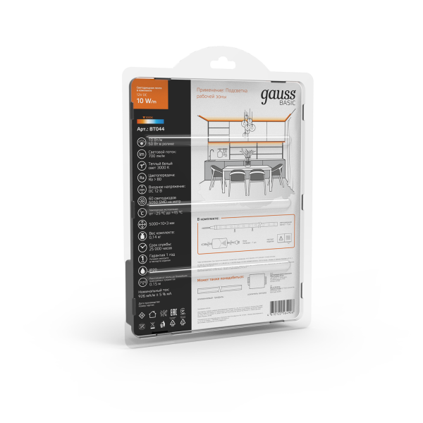 Купить Gauss Лента Basic в комплекте 12V 10W/m 700lm/m 3000K IP20 LED 5m 1/50 BT044