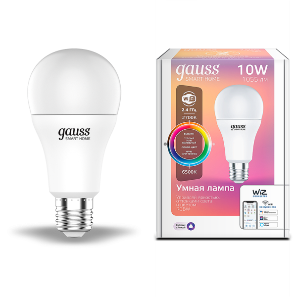 Gauss Лампа Smart Home A60 10W 1055lm 2700-6500К E27 RGBW+изм.цвет.темп.+диммирование LED 1180112