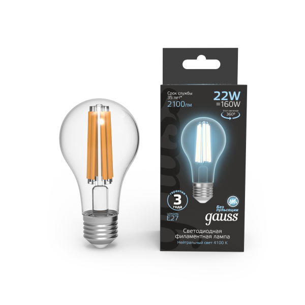 Купить Gauss Лампа Filament А70 22W 2100lm 4100К Е27 LED 1/10/40 102902222