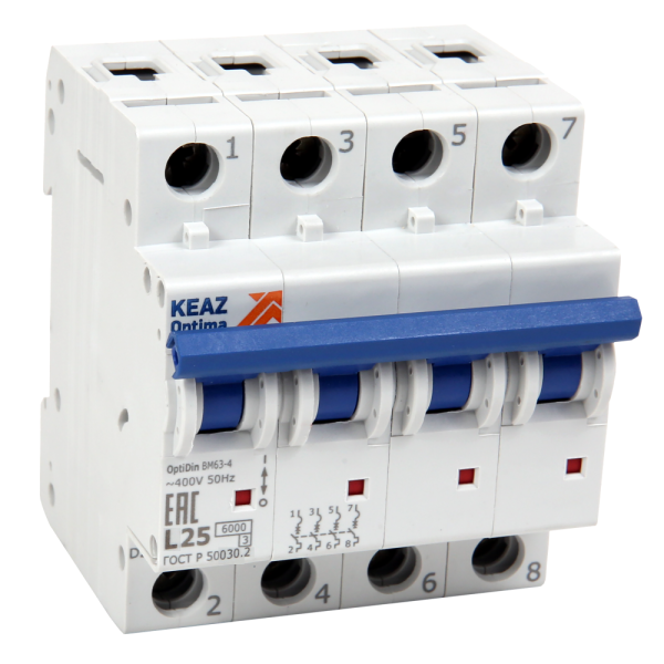 КЭАЗ OptiDin BM63 Автоматический выключатель 4P 25A K 6кА AC (BM63-4NK25-ОМ4-РЕГ) 281699