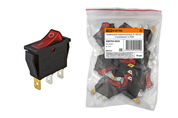 TDM Клавишный переключатель YL-202-03 черный корпус красная клавиша 2 положения 1з SQ0703-0025