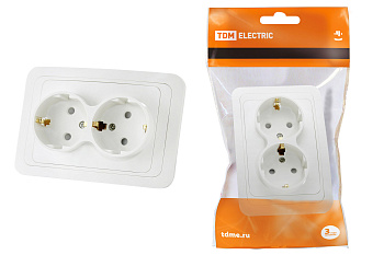 TDM Розетка двойная 2П+З 16А c защитными шторками белая "Валдай" SQ1804-0026