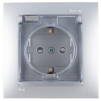 Simon 15 Алюминий Розетка с/з, со шторками, с крышкой, IP44, 16А, 250В, винт.зажим 1590450-033