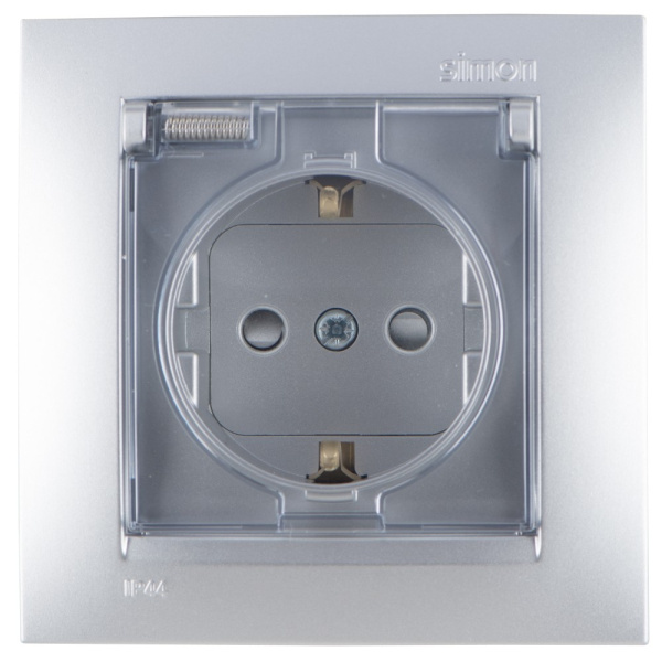 Simon 15 Алюминий Розетка с/з, со шторками, с крышкой, IP44, 16А, 250В, винт.зажим 1590450-033