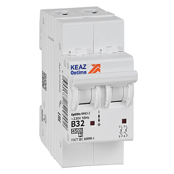 КЭАЗ OptiDin BM63 Автоматический выключатель 2P 32А B 4,5кА AC (BM63-2B32-4,5-УХЛ3) 329513