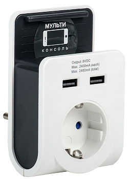 IEK Адаптер Т-02/01 1 место 2P+PE 16А 2хUSB 2,4А белый