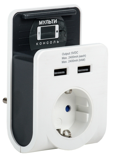 IEK Адаптер Т-02/01 1 место 2P+PE 16А 2хUSB 2,4А белый