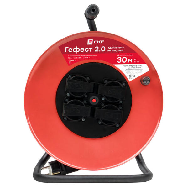 EKF PROxima Удлинитель на катушке "Гефест 2.0" 4 гнезда 50м с заземлением и предохранителем ПВС 3*1,5 16А/3,5кВт IP44