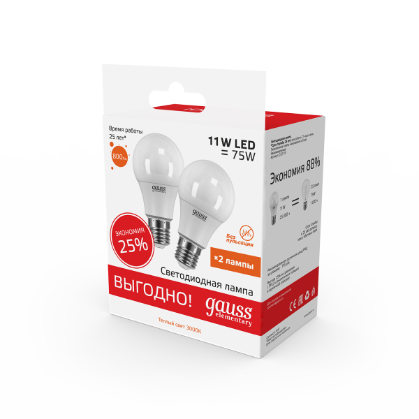 Купить Gauss Лампа Elementary A60 11W 800lm 3000K E27 (2 лампы в упаковке) LED 23211P