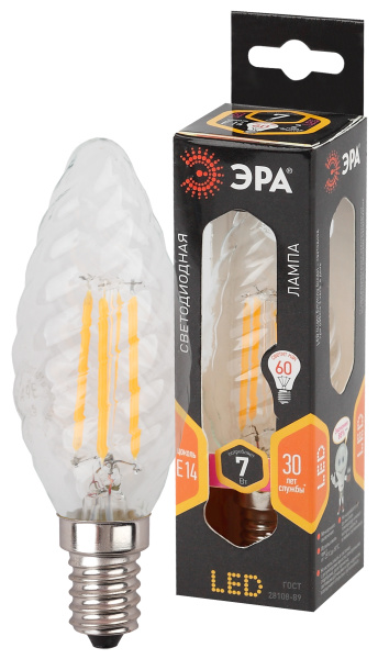ЭРА F-LED BTW-7W-827-E14 (филамент, свеча витая, 7Вт, тепл, E14) Б0027960