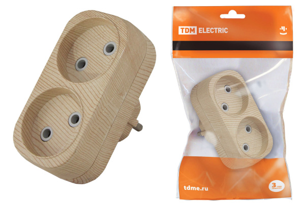 TDM Блок на 2 гнезда 2П б/з плоский 6А 250B "Эко" (сосна) SQ1806-0073