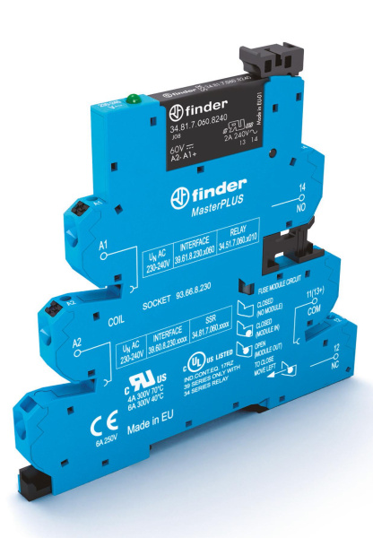 Finder Интерфейсный модуль (сборка 34.81.7.024.8240 + 93.66.0.240), твердотельное реле, серия MasterPLUS; выход 2A (240В AC); питание 24-240В AC/DC; к 396002408240