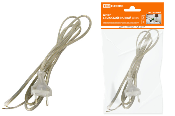 TDM Шнур с плоской вилкой ШУ02 ШВВП 2х0,75мм2 1,7 м. прозрачный SQ1305-0014