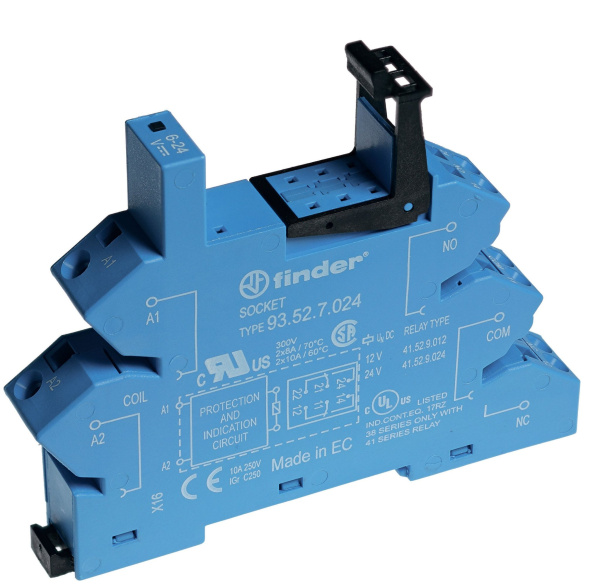 Finder Розетка с безвинтовыми клеммами (пружинный зажим) для реле 41 серии; питание 230В АC; в комплекте пластиковая клипса; опции: LED 93528230