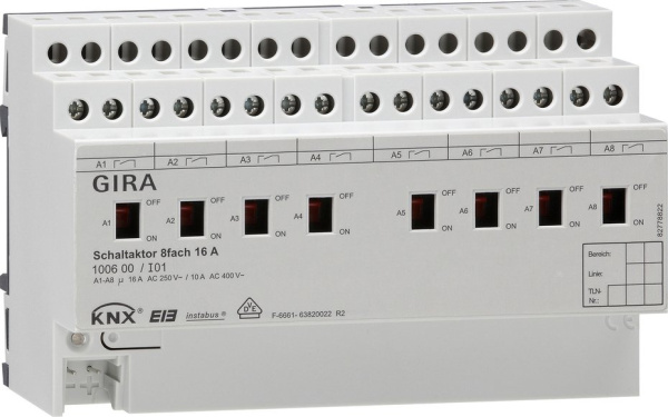 Gira KNX Актор 8-канальный 16 А, возм ручное управление DIN-рейка 100600