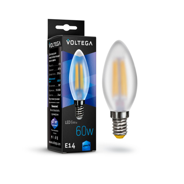 Voltega VG10-C2E14cold6W-F Свеча матовая  Е14 4000К 6W 7045