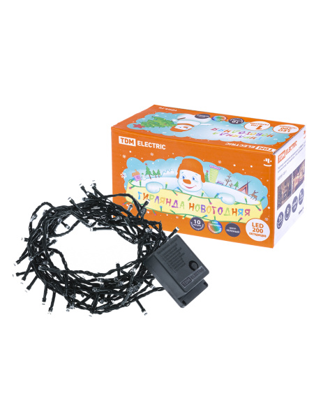 TDM Гирлянда новогодняя  светодиодная, СГ 200 З, 220 В, зеленый шнур, многоцветная, 10  м, 8 режимов SQ0361-0011