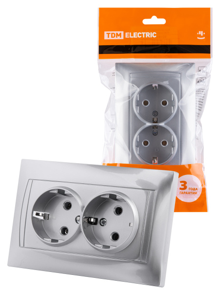 TDM Розетка двойная 2П+З 16А 250В серебр. металлик "Лама" SQ1815-0225