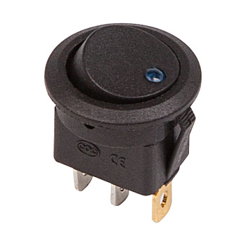 Выключатель клавишный круглый 12V 16А (3с) ON-OFF черный с синей подсветкой Rexant 36-2581