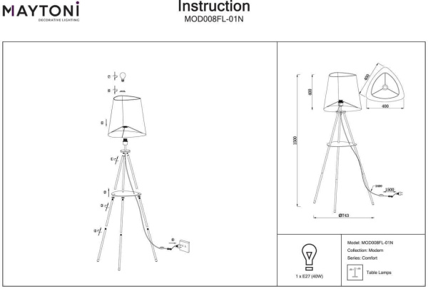 Купить Maytoni Modern Comfort Никель Торшер E27 40W MOD008FL-01N