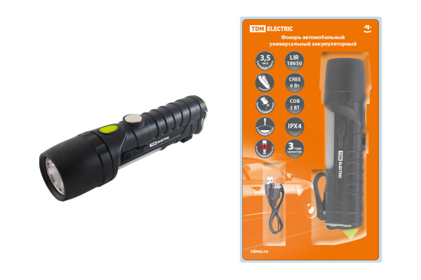 TDM Фонарь автомоб. универс., 6 Вт CREE+3 Вт COB,1x18650 2200 мА*ч, магн., подвес, USB, стропорез, SQ0350-0058
