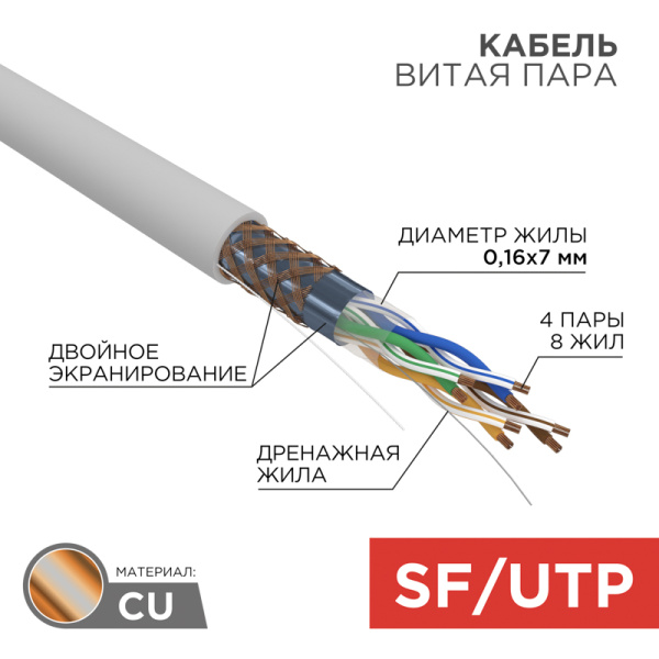 Кабель SFTP 4PR 24AWG CAT5e 305м STRANDED Rexant 01-0343