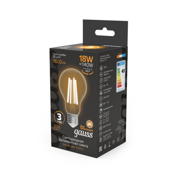 Купить Gauss Лампа Filament А60 18W 1600lm 2700К Е27 LED 1/10/40 102902118