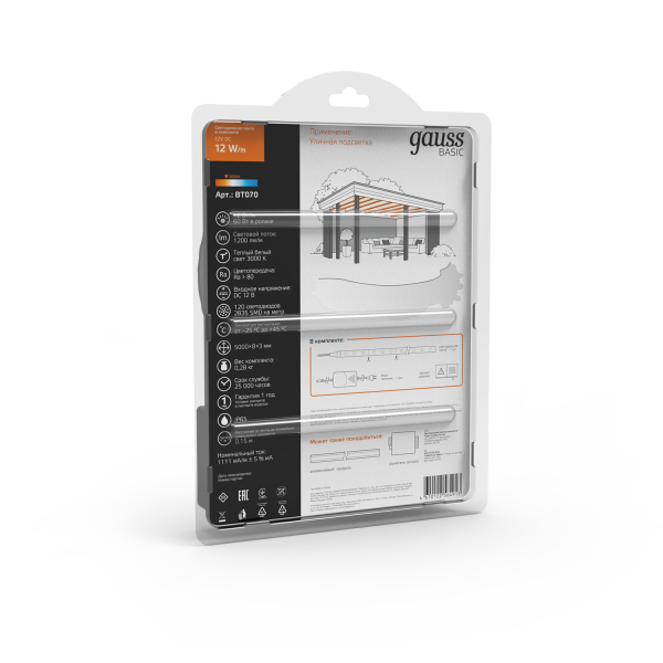 Купить Gauss Лента Basic в комплекте 12V 12W/m 1200lm/m 3000K IP65 LED 5m 1/50 BT070