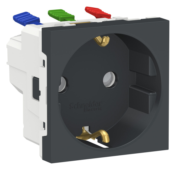 Купить SE Unica Modular Антрацит Розетка с/з со шторками, с быстрозажимными клеммами, 16А 250В, 2 модуля NU305754