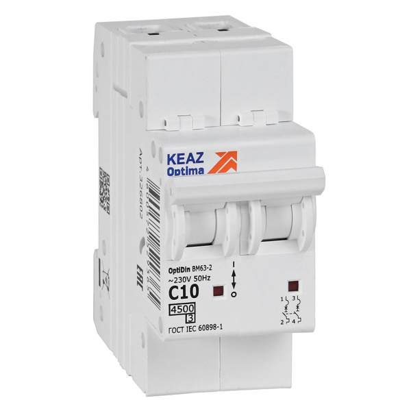 КЭАЗ OptiDin BM63 Автоматический выключатель 2P 10А C 4,5кА AC (BM63-2C10-4,5-УХЛ3) 326802