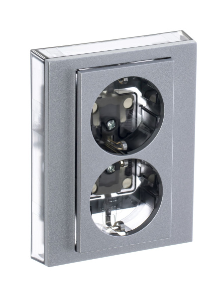 Купить ABB EPJ Levit серебро / дымчатый чёрный Розетка двойная с заземл, со шторками 2CHH223457C6070