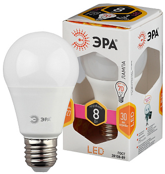 ЭРА Лампочка светодиодная STD LED A60-8W-827-E27 E27 / E27 8Вт груша теплый белый свет