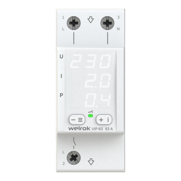 Welrok VIP-63 Реле напряжения с контролем тока 63 А (max 80 A), 13 900 ВА