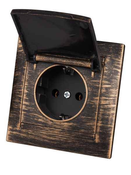 TDM Розетка 2П+З 16А 250В IP44 с крышкой старинная бронза "Лама" SQ1815-0767