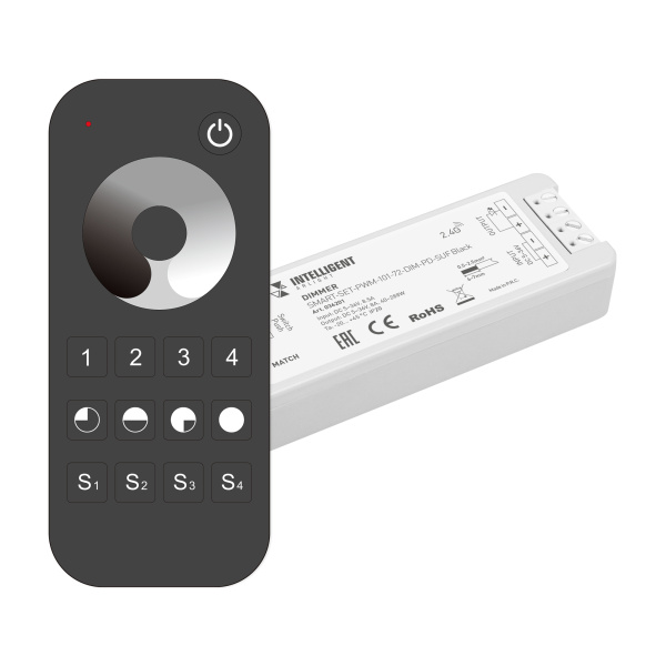 Arlight INTELLIGENT ARLIGHT Диммер SMART-SET-PWM-101-72-DIM-PD-SUF Black (5-36V, 1x8A, x4, ПДУ 13кн, 2.4G) (IARL, IP20 Пластик, 5 лет) 036201