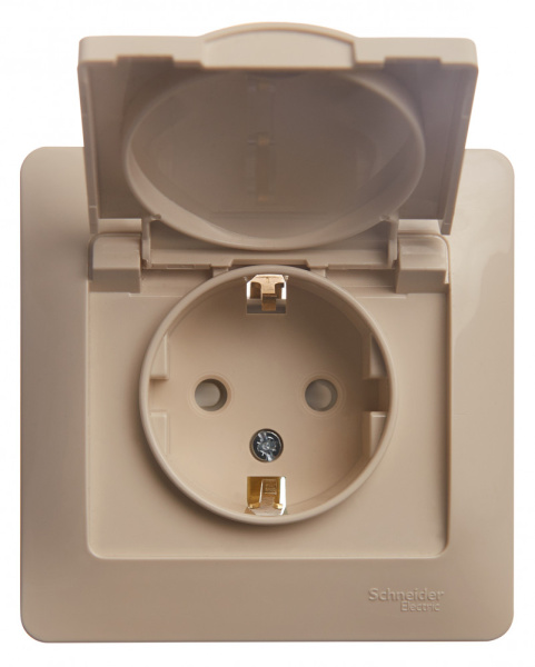 Купить Systeme Electric Glossa Беж Розетка с/з со шторками с крышкой, IP20 (в сборе с рамкой)