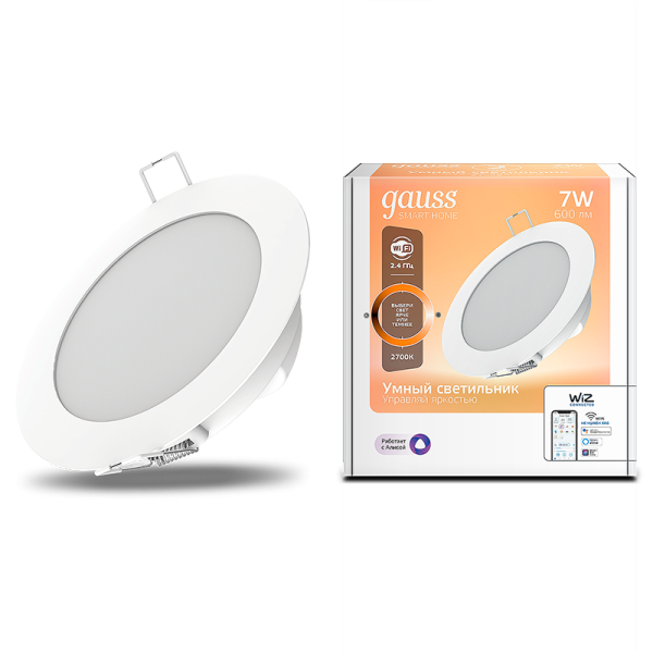 Gauss Светильник даунлайт Smart Home 7W 600lm 2700К 220-240V IP20 105*35мм диммируемый LED 2010122