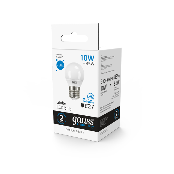 Купить Gauss Лампа Elementary Шар 10W 750lm 6500K Е27 LED 53230