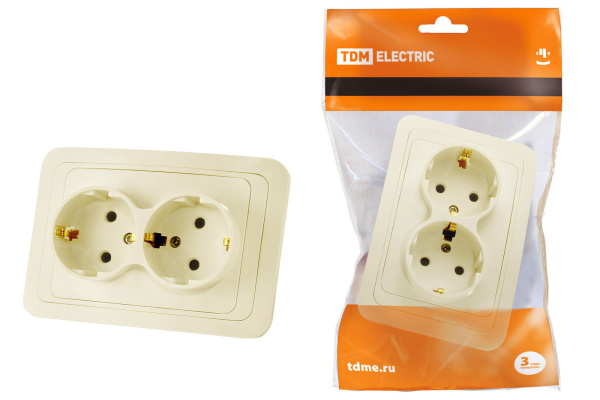 TDM Розетка двойная 2П+З 16А сл. кость "Валдай" SQ1804-0110