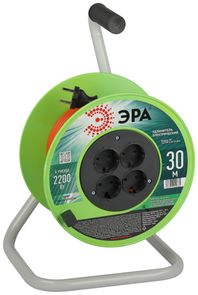 ЭРА Удлинитель силовой RP-4-2x1.0-30m на пластиковой катушке без заземления 4 розетки 30м ПВС 2х1мм2