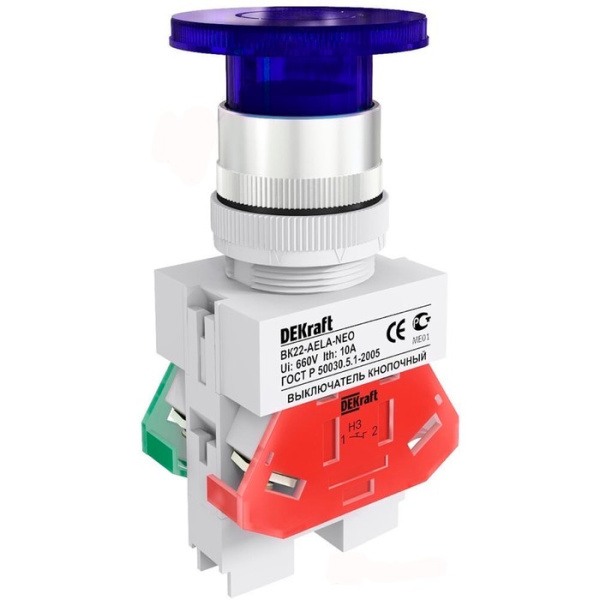 Dekraft Выключатель кноп. грибок AELA D22 СИНИЙ неон 220В ВК-22