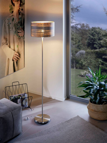 Купить Eglo Торшер MASERLO с ножн. выкл., 1х60W (E27), Ø380, H1510, никель матовый/текстиль, серо-коричневый, золотой 95171