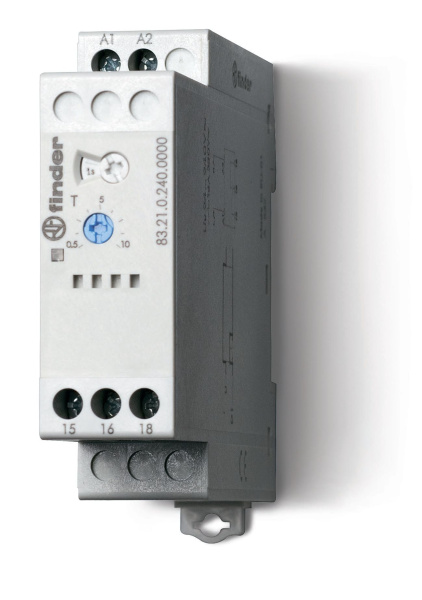 Finder Модульный таймер 1-функциональный (DI); питание 24…240В АС/DC; 1CO 16A; ширина 22.5мм; регулировка времени 0.05с…10дней; степень защиты IP20 832102400000