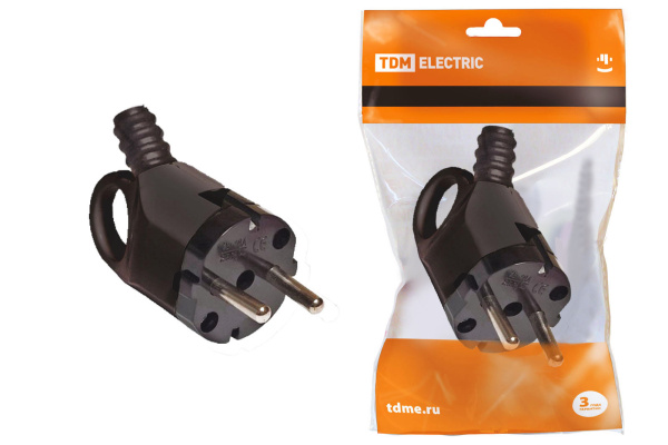 TDM Вилка угловая с ушком с/з черная 16А 250В SQ1806-0006