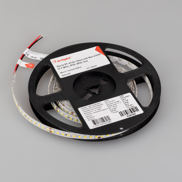 Купить Arlight Лента RT-A144-10mm 24V Warm3000 (7.7 W/m, IP20, 2835, 5m) (высок.эфф.200 лм/Вт) 038782