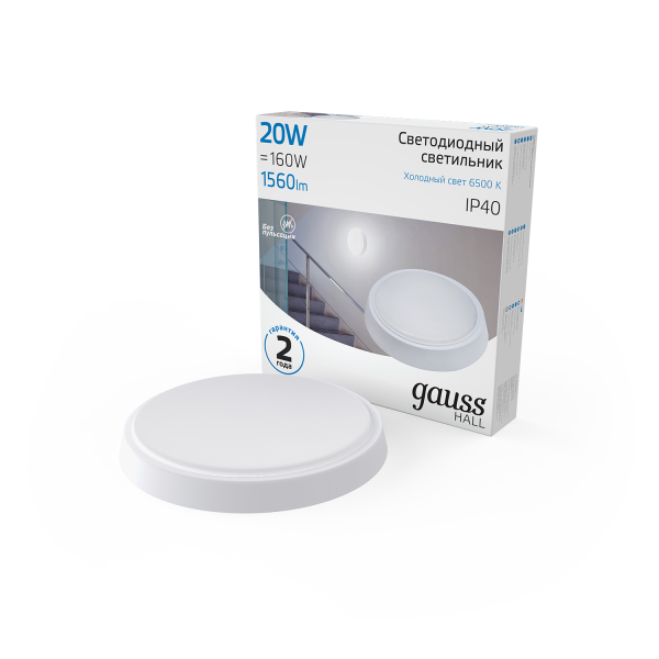 Купить Gauss Светильник ЖКХ HALL круг 20W 1560lm 6500K 200-240V IP40 D180*33мм белый LED 193411320