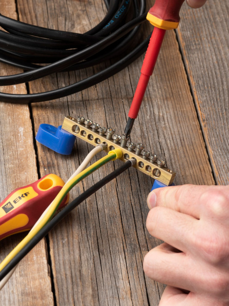 Купить EKF PROxima Шина "0" N (6х9мм) 12 отверстий латунь 2 синих угловых изолятора