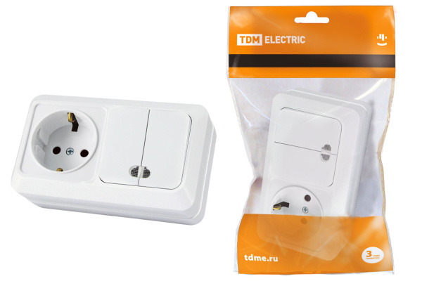 TDM Блок комбинированный выкл. 2-кл. с/п 10А + розетка 2П+З 16А 250В БКВР IP20 белый "Ладога" SQ1801-0104
